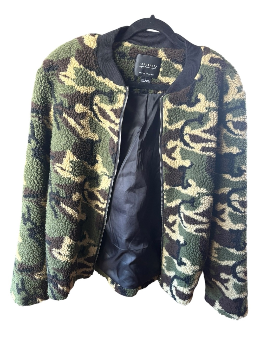 Sanctuary Camo Sherpa Bomber Jacket Medium Green Brown Plush Fleece Zip